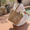 Borsa Tote in Paglia Intrecciata con Manici in Pelle Dettaglio Frangia Borsa da Spiaggia Estiva Moda Donna Grande Capienza