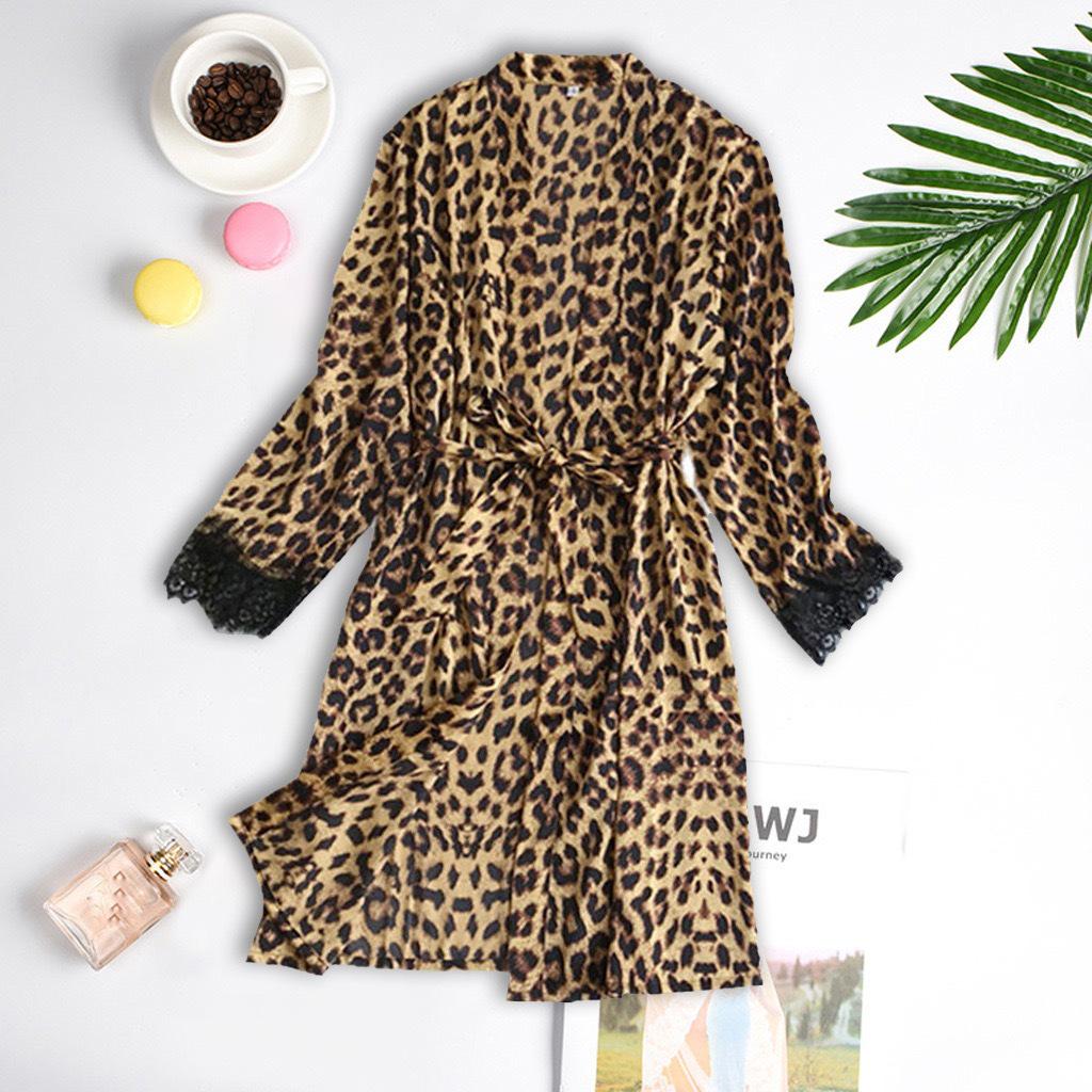 Summer Women s Leopard Print Lace Trim Ice Silk Pajamas Set - Sexy European & American Fashion Extra Large