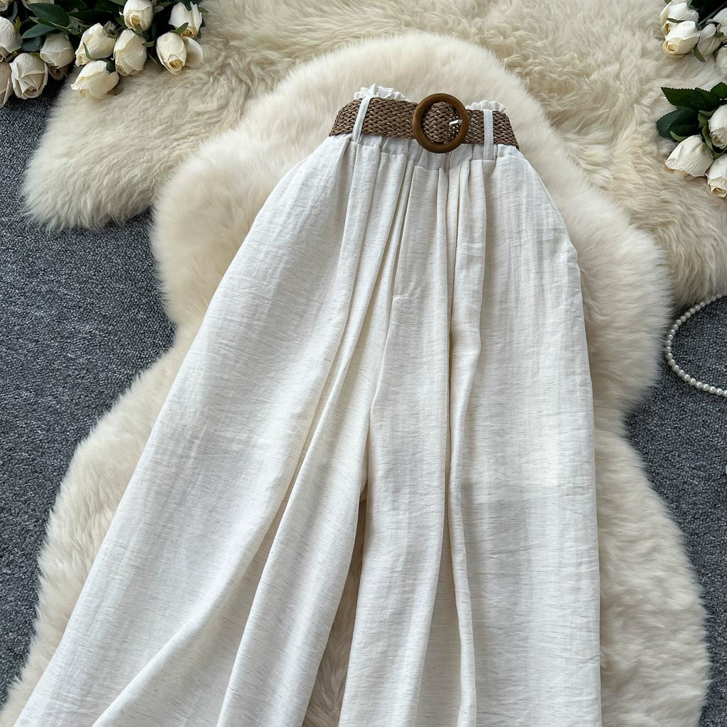 Summer Women Chic Boho Cotton Linen High Waist Wide Leg Pocket Pant Trouser With Belt For Girls
