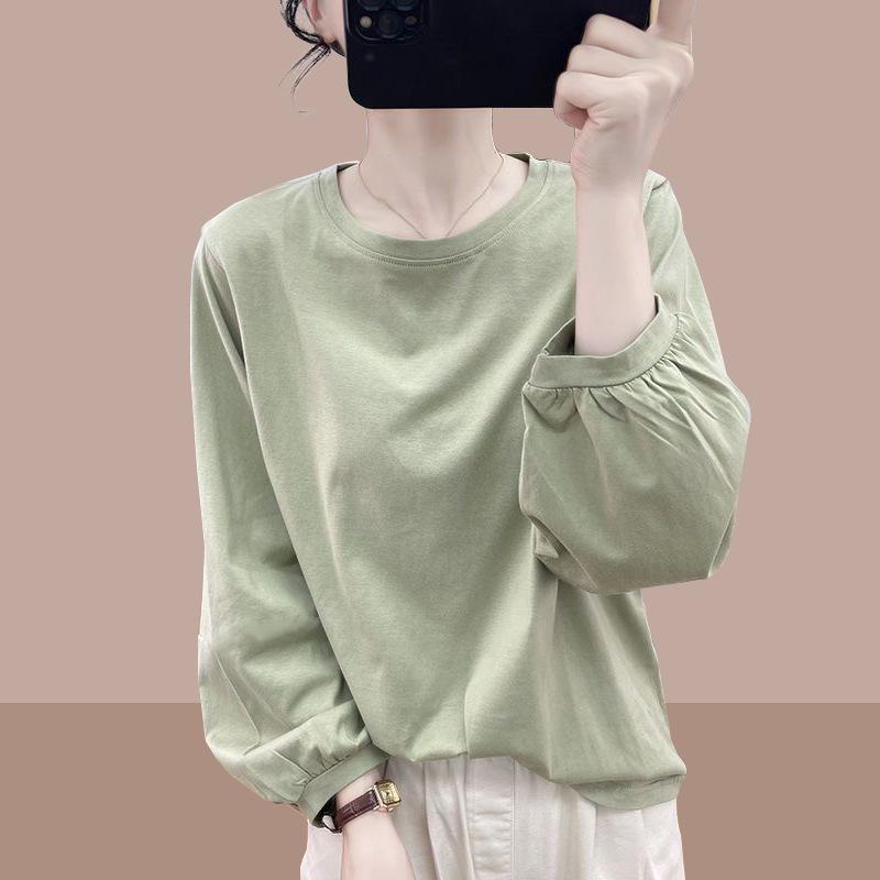 Autumn Cotton Lantern-sleeved Long-sleeved T-shirt Women's Korean Loose Age-reducing Blouse Retro Pleated Bottoming Shirt T-shirt