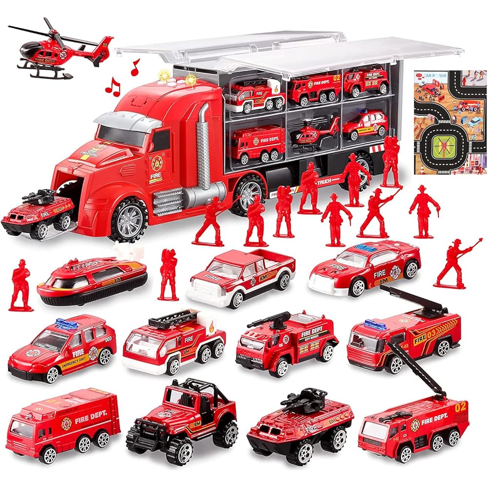 Carecoly Fire Truck Vehicle Set with Storage Truck, Alloy Mini Cars, Fire Map, Toy for Boys and Girls, Ages 6 and Up
