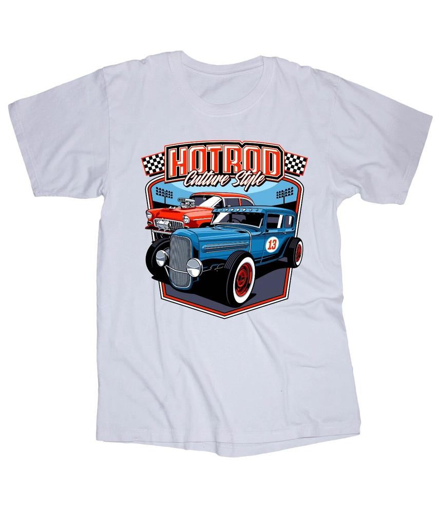 HOT ROD Culture style White T-shirt Racing Vintage Classic Cars Checkers