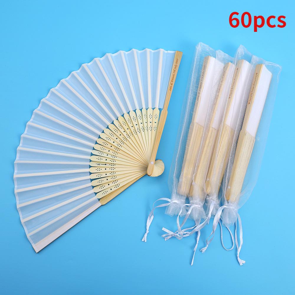 20/70 PCS Personalized Engraved White Folding Elegant Silk Hand Fan with Gift Bag Wedding Favors