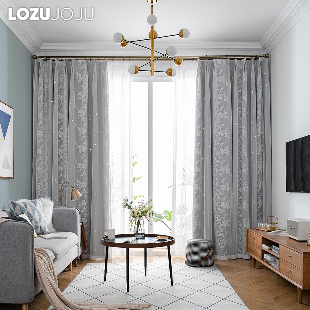 A Set of LOZUJOJU Hollow Star Blackout Curtain and Lace Sheer Curtains Integrated Gauze Curtain and Curtain for Living Room Bedroom Home Decor
