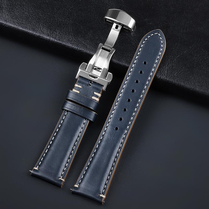 Echtes Leder Uhrenarmband 20/22/24mm Uhrenarmband Edelstahl Faltschließe Armband Gürtel für Herren Rot Schwarz Grün Blaues Band