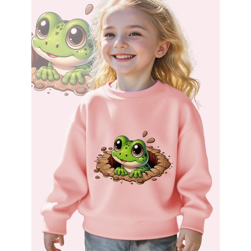 Kids Crewneck Sweatshirt, Cute Green Frog Peeking Out of Muddy Pond Graphic Print