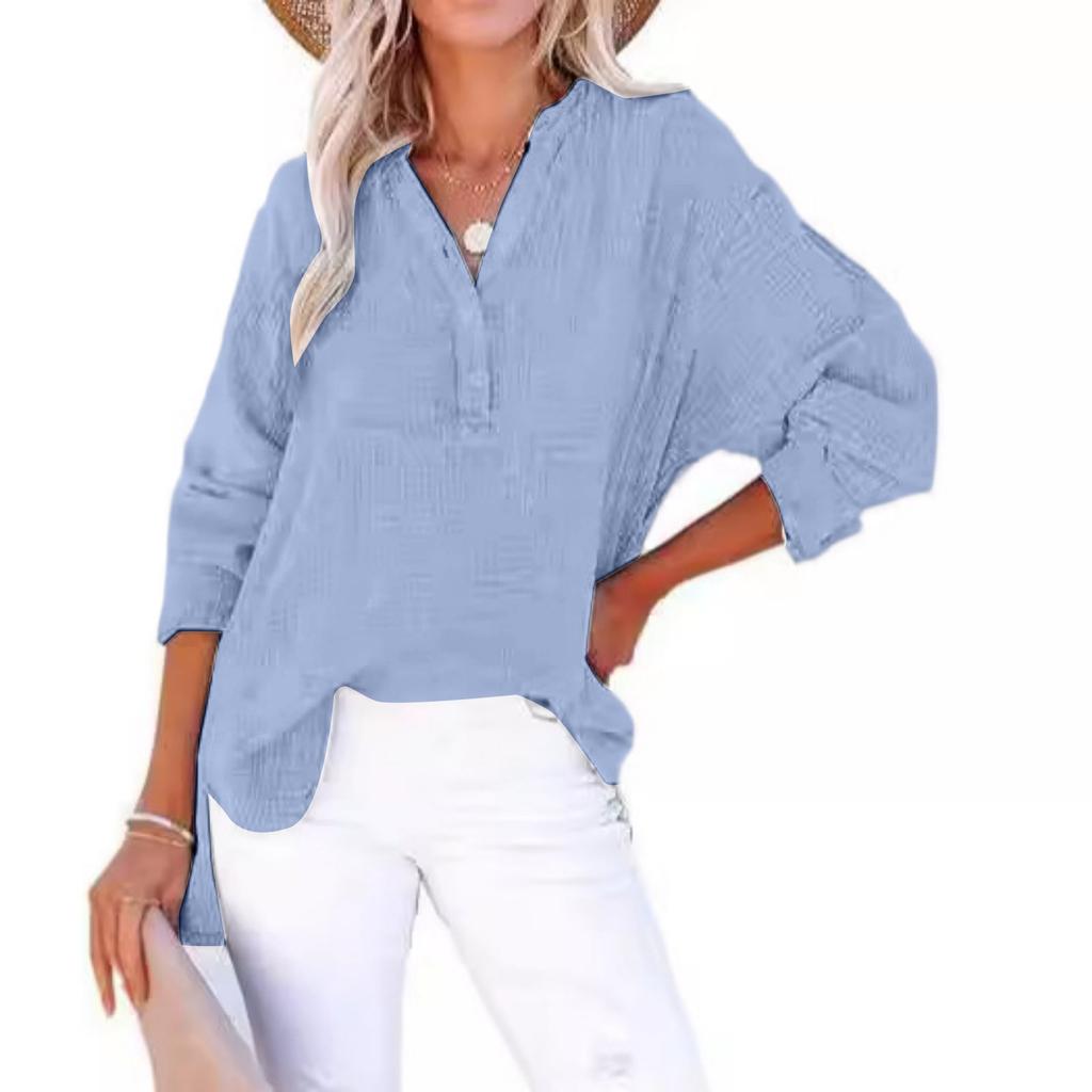 Fashion Women's Pleated Button Long Sleeve Solid Color Tops Women's Shirt Pullover