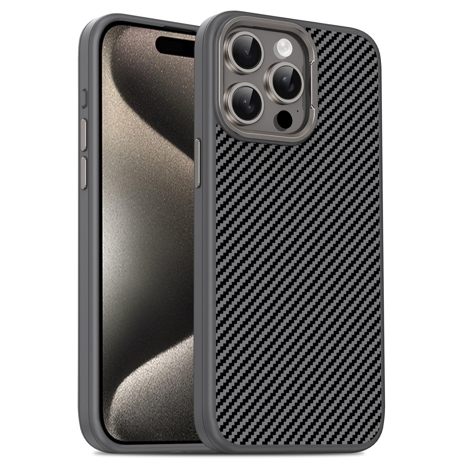 

IPAKY For iPhone 15 Pro Case Carbon Fiber Texture TPU Back Phone Cover Grey