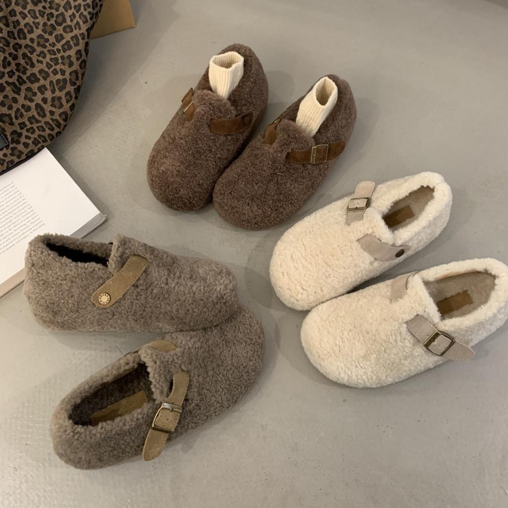 2025 neue Retro-Gürtelschnalle flauschige Schuhe für Damen, plüschige thermische Baumwollschuhe, lässige Woll-Slipper mit Plateausohle