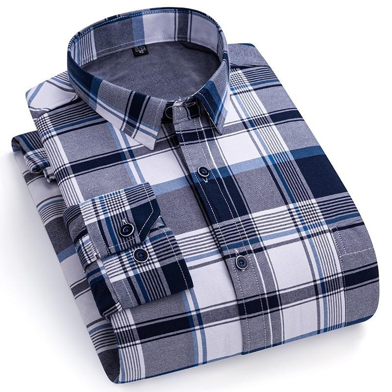 Men Plaid Themal Shirts Long Sleeve Business Casual Male Striped Shirt for Winter Warm Checked Design