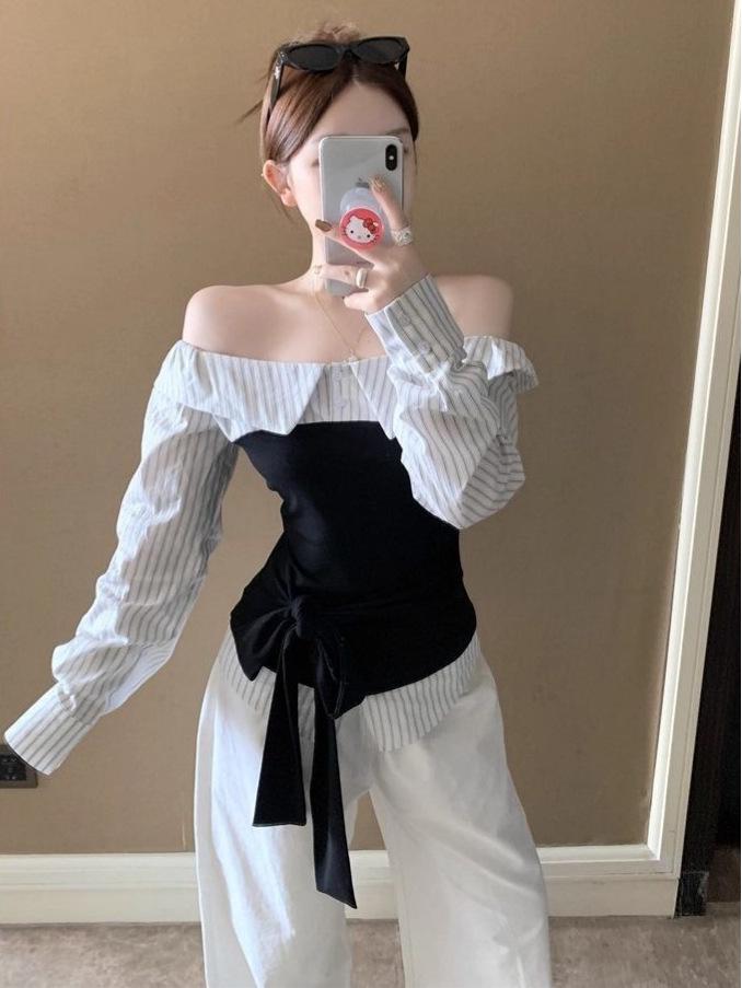 Korean Stripe Color Block Patchwork One-Shoulder Waist-Cinched Slimming Top for Women