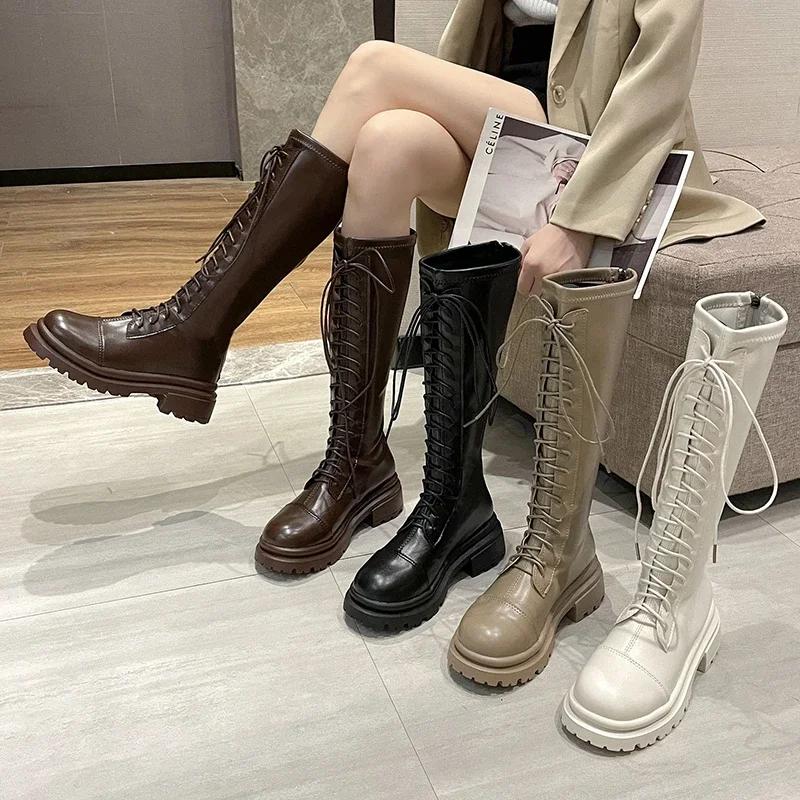 Fashion 2024 High Quality Shoes for Women Lace Up Women's Boots Autumn Round Toe Solid High Tube Block Heel Fashion Boots Zapatos Mujer