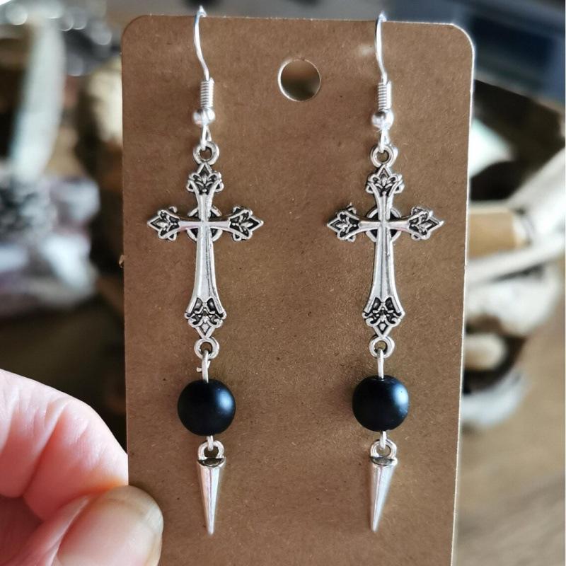 Silver Gothic Cross Earrings with Black Stones and Spikes
