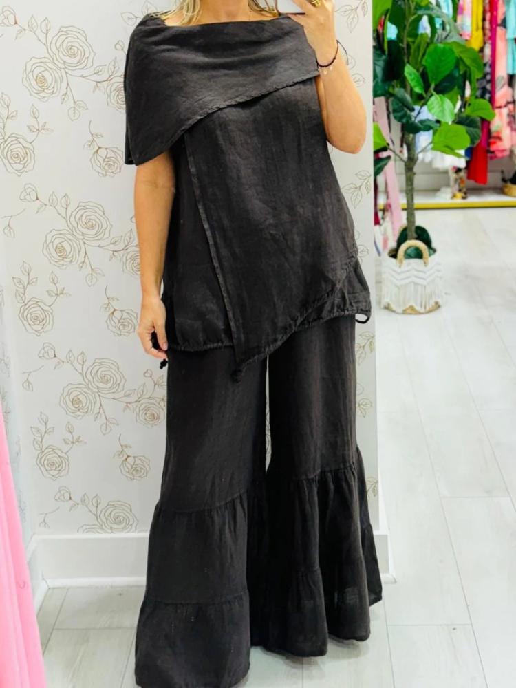 Women's Asymmetrical One Shoulder Top with Flared Wide Leg Pants Set in Multiple Colors
