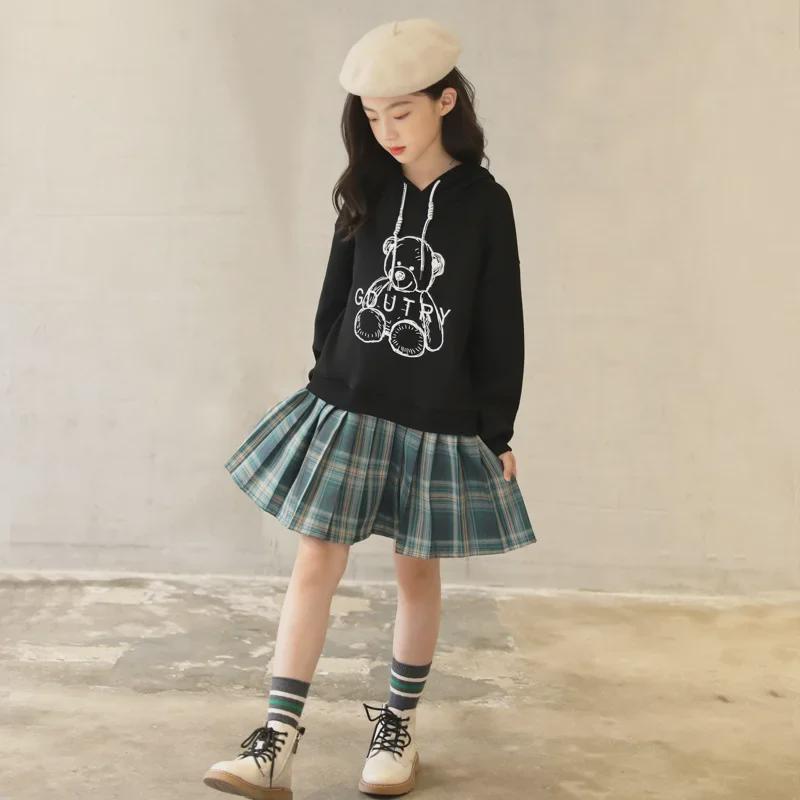 Mädchen Midilanges Plissee-Karokleid Sweatshirt für Frühling & Herbst 2024