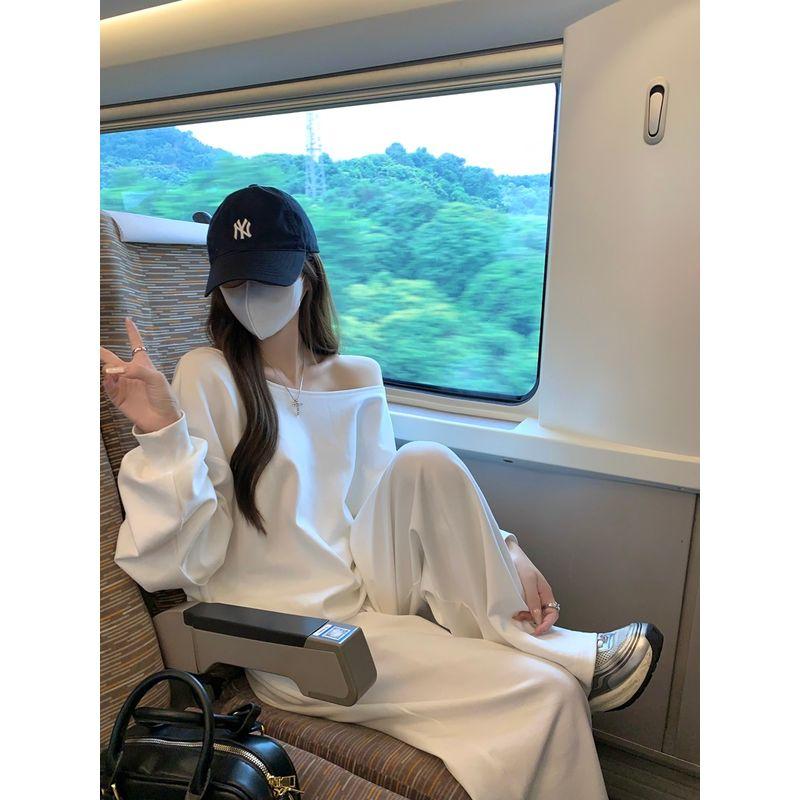Kumikumi Idle Style Set White Sloping Shoulder Long Sleeve Hoodie Women Autumn High Waist Slimming Casual Pants Two-piece Set