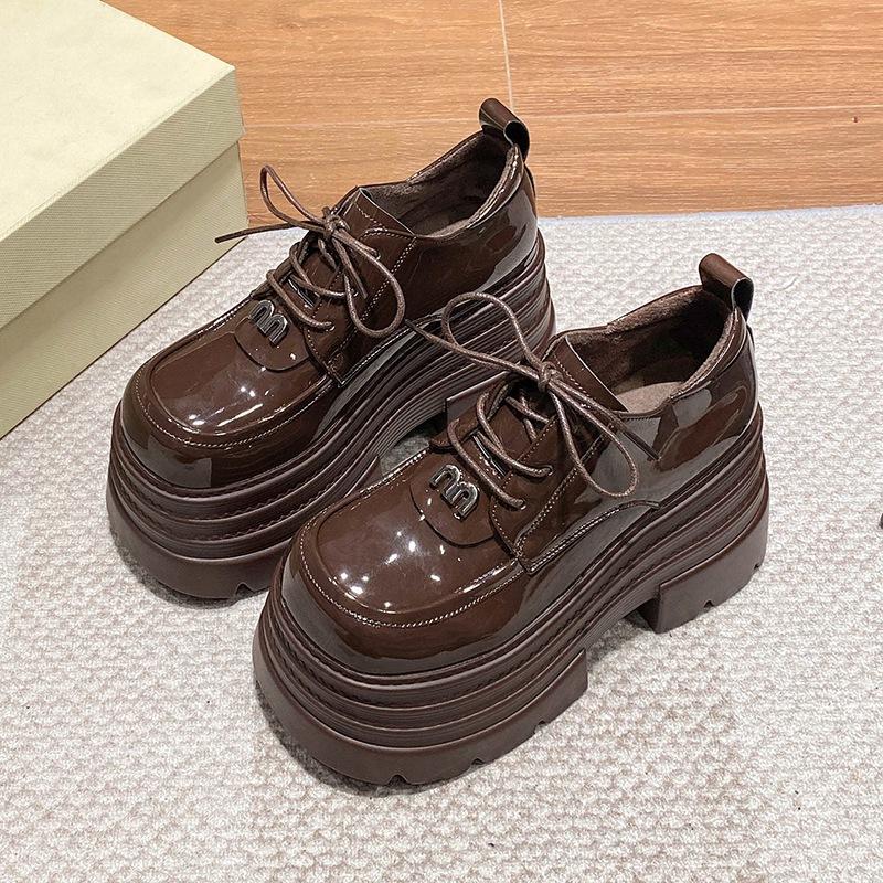 

Small man thick-soled heightened temperament lace-up single shoes women s 2025 autumn new British style high-heeled loafers small leather shoes 40 коричневый