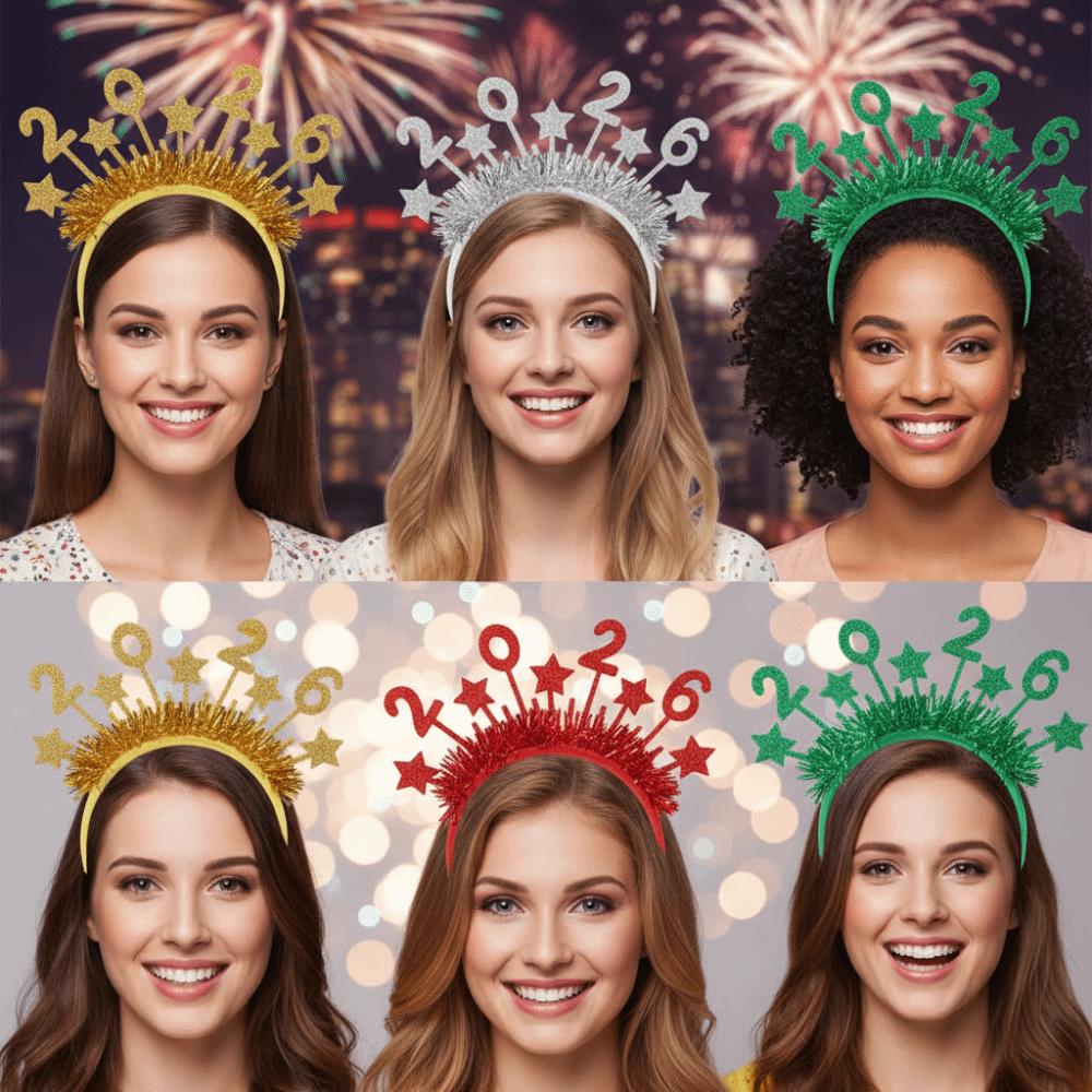Sweet 2026 Happy New Year Headband Cute Glitter Hair Hoop Star Strip Headwear Party Decoration