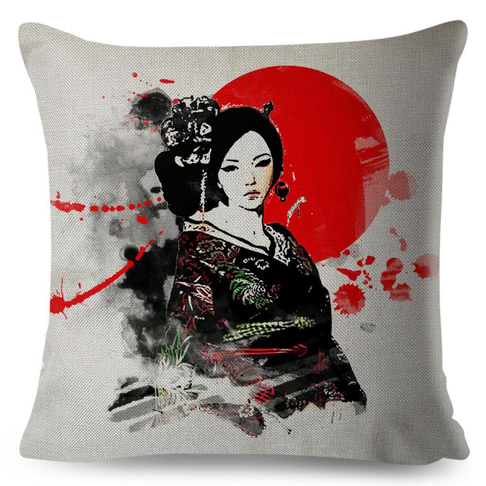 Japanese Style Ink Cushion Cover for Sofa Home Car Decor Beautiful Scenery Cat Girl Pillowcase Polyester Pillow Case 45x45cm