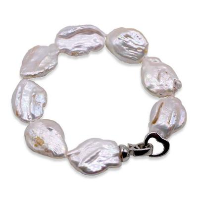 Braccialetto Love Braccialetto di perle d'acqua dolce naturali Braccialetto di perle barocche a forma di moneta d'argento Braccialetto da donna Spedizione gratuita