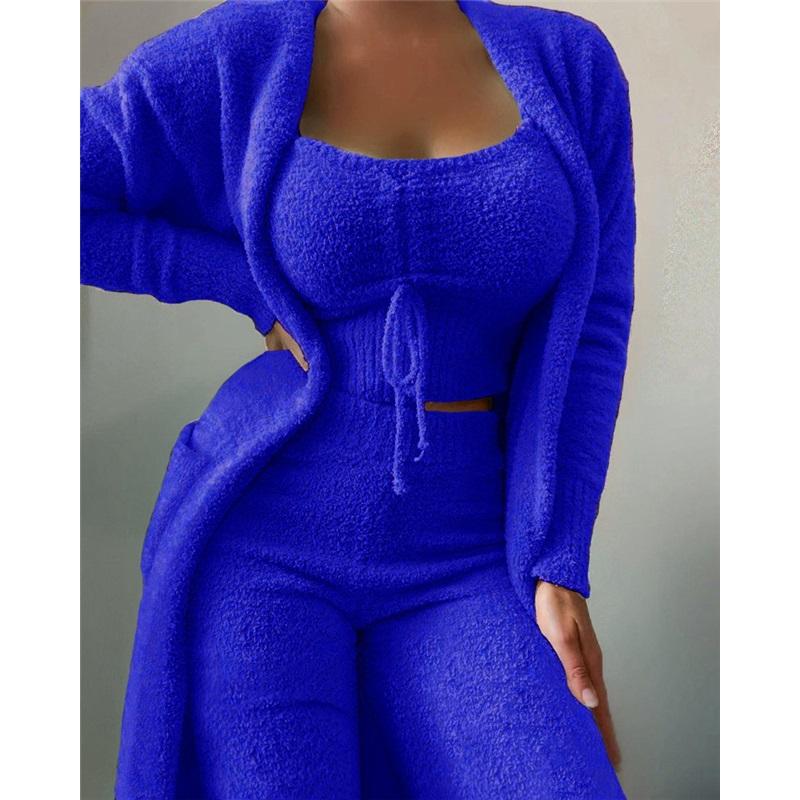 

Женский плюшевый пижамный костюм из 3 предметов на шнуровке, повседневный костюм, однотонный, облегающий, брюки-слинг, длинная куртка, домашняя одежда XXXL темно-синий