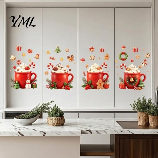 Christmas Theme Kitchen Wall Murals 2Pcs Hot Drinks Stickers for Cabinets, Self-Adhesive Art Holiday Cabinet Home Decor, Removable PVC Mug Decals with