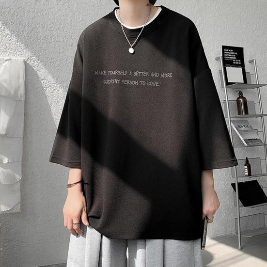 O-Neck 3/4 Sleeve Men T-shirt Ice Silk Thin Moisture Wicking Oversized Letter Print Tee Shirt Daily Clothing