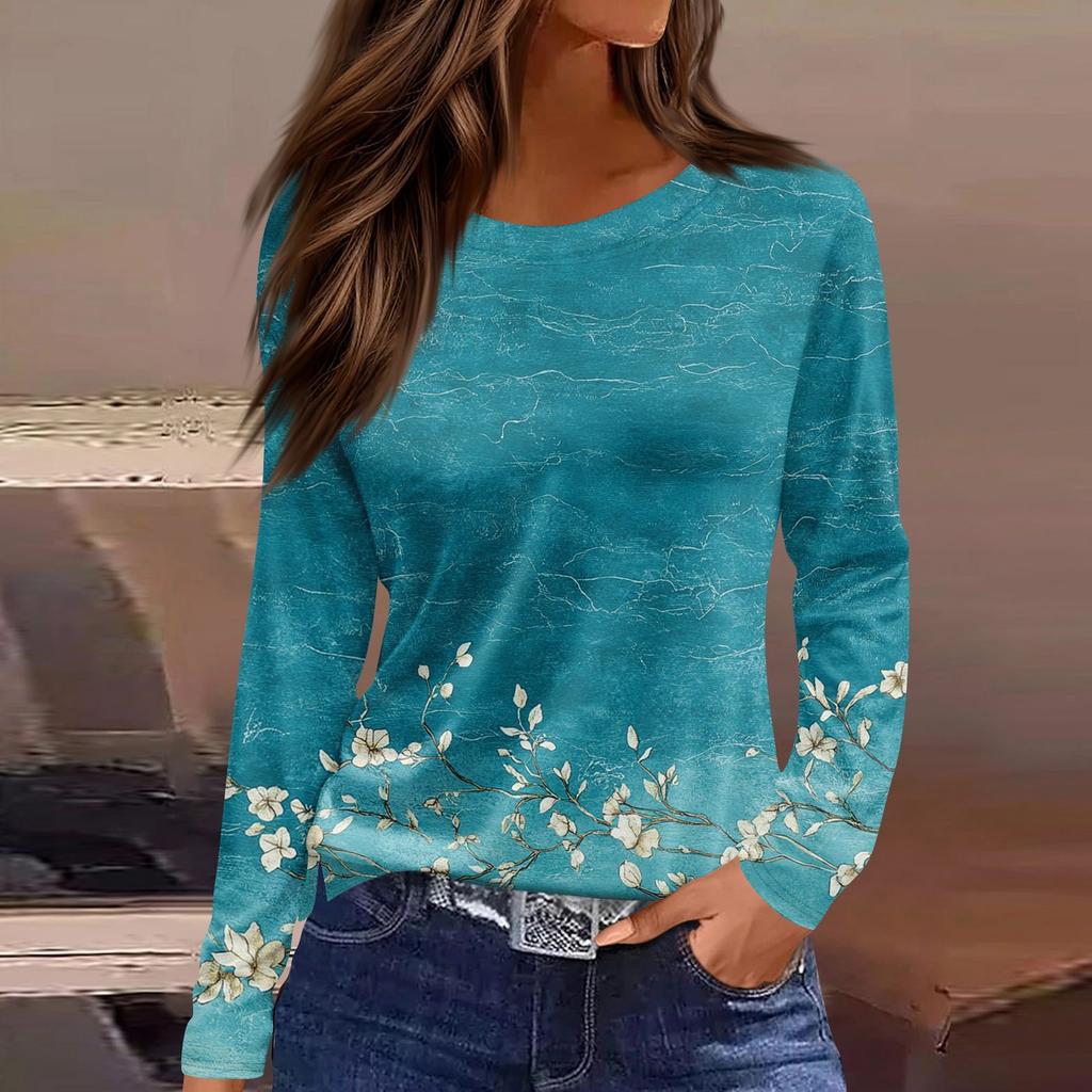 Dámský denní ležérní top s dlouhým rukávem a potiskem s kulatým výstřihem
