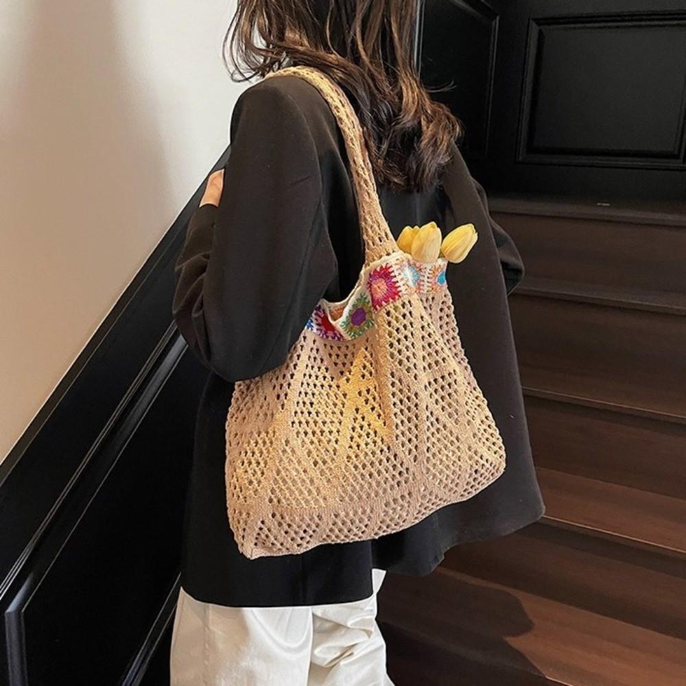 Fashion Flower Knitting Shoulder Bag Large Capacity Hollow Crochet Tote Bag Solid Color Shopping Bag Woven Handbag Female