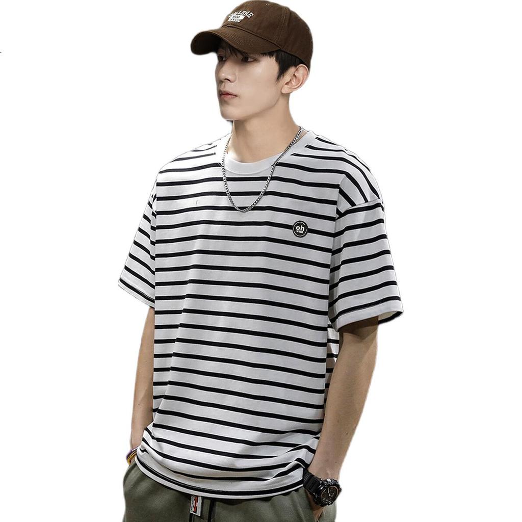 TonLion 2025 Summer Men's Left Chest Small Logo Striped Short-Sleeve T-Shirt, S, Black