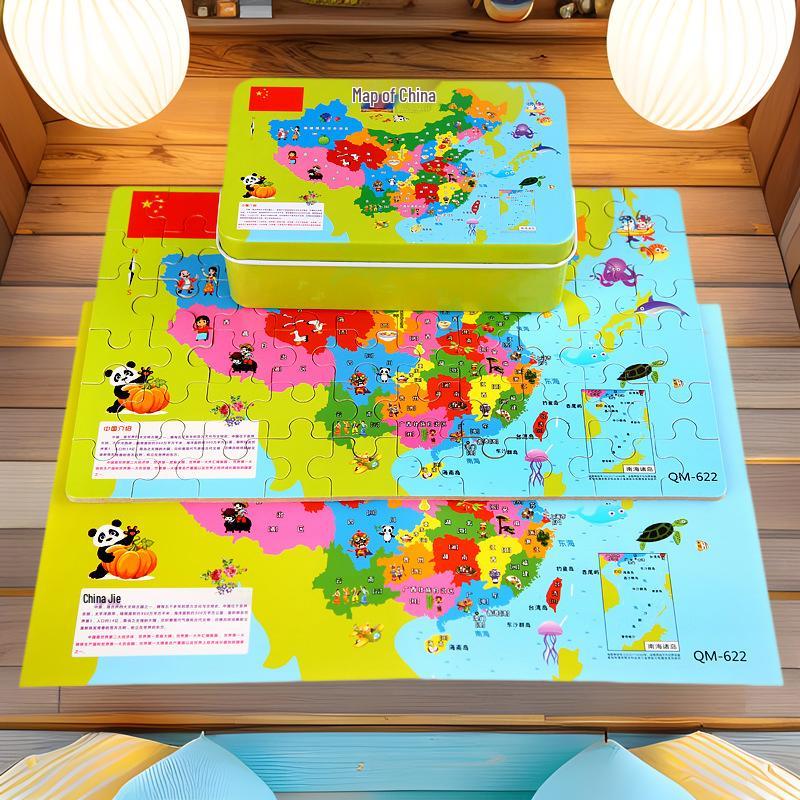 Magnetic Wooden World Map Puzzle in Tin Box: 3D Educational Toy for Kids
