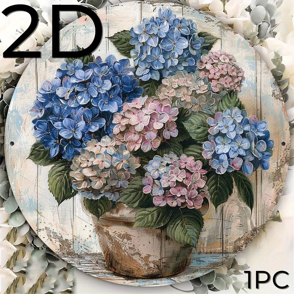 1 Piece 2D Wooden Hanging Sign Hydrangea Theme 8-Inch Round Sign Home Bar Garage Cafe and Garden Decoration