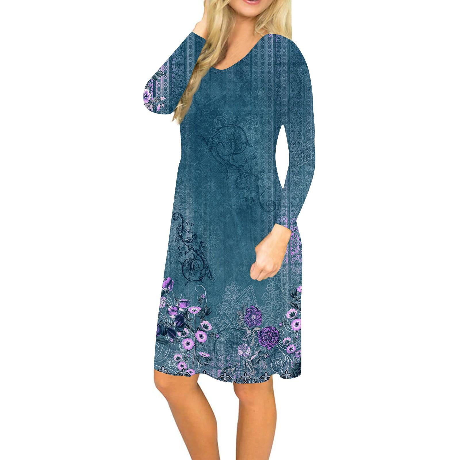 

Женское платье с длинным рукавом, плиссированное, свободное, повседневное платье с карманами, платья длиной до колена L синий