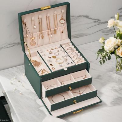 Three-Tier Leather Jewelry Box with Lock for Earrings and Studs