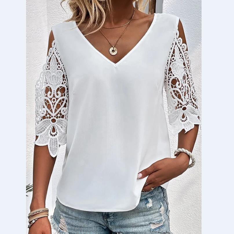 A New Summer Casual And Sweet Solid-color V-neck Lace Five-quarter Sleeve Women's T-shirt For Ladies