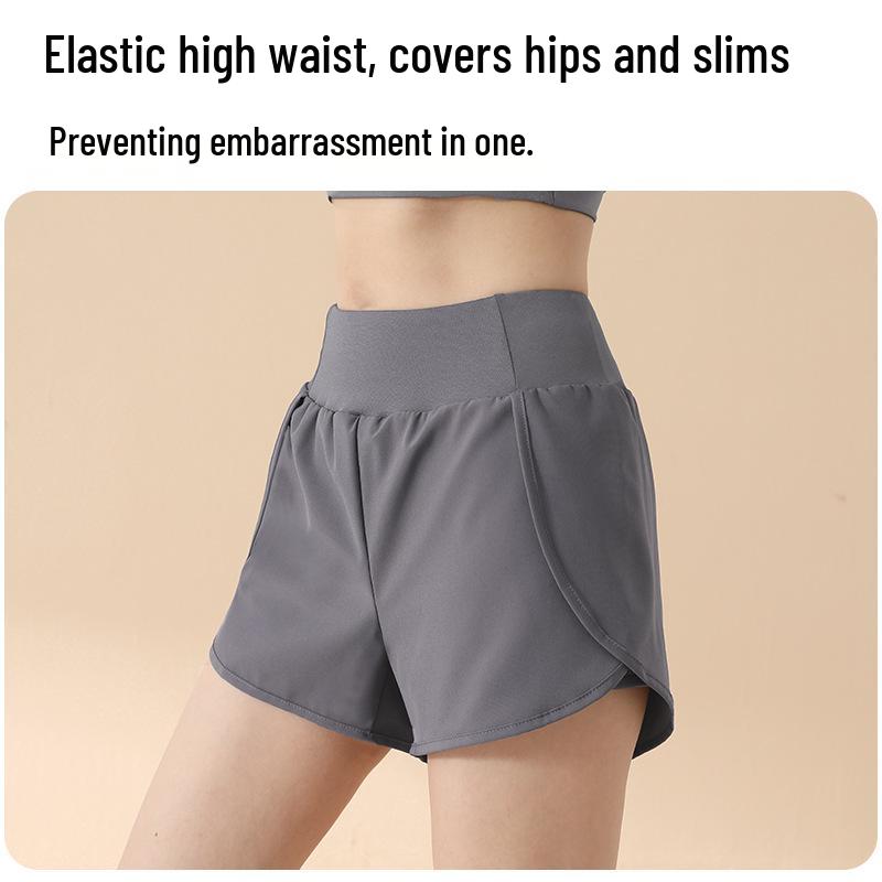 Damen Sportshorts mit hohem Bund: Fake Zweiteiler, Anti-Exposition, Lockere Passform, Seitentasche, Hüfthebung, Für Laufen & Yoga