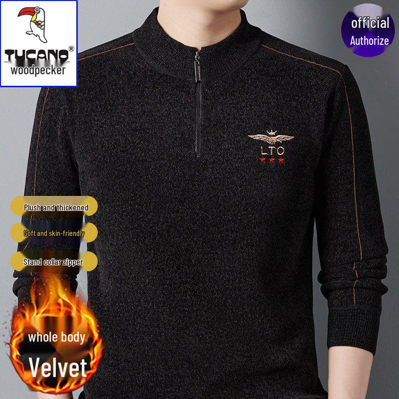 

Woodpecker Men s Velvet Thickened Half-High Collar Zipper Knit Sweater - Warm Base Layer for Autumn/Winter. XL (suggested 140-155 lbs)