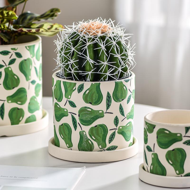 Creative Cartoon Fruit Ceramic Flower Pot Plant Flower Pot with Tray Cylindrical Countertop Flower Pot Living Room Garden Decor