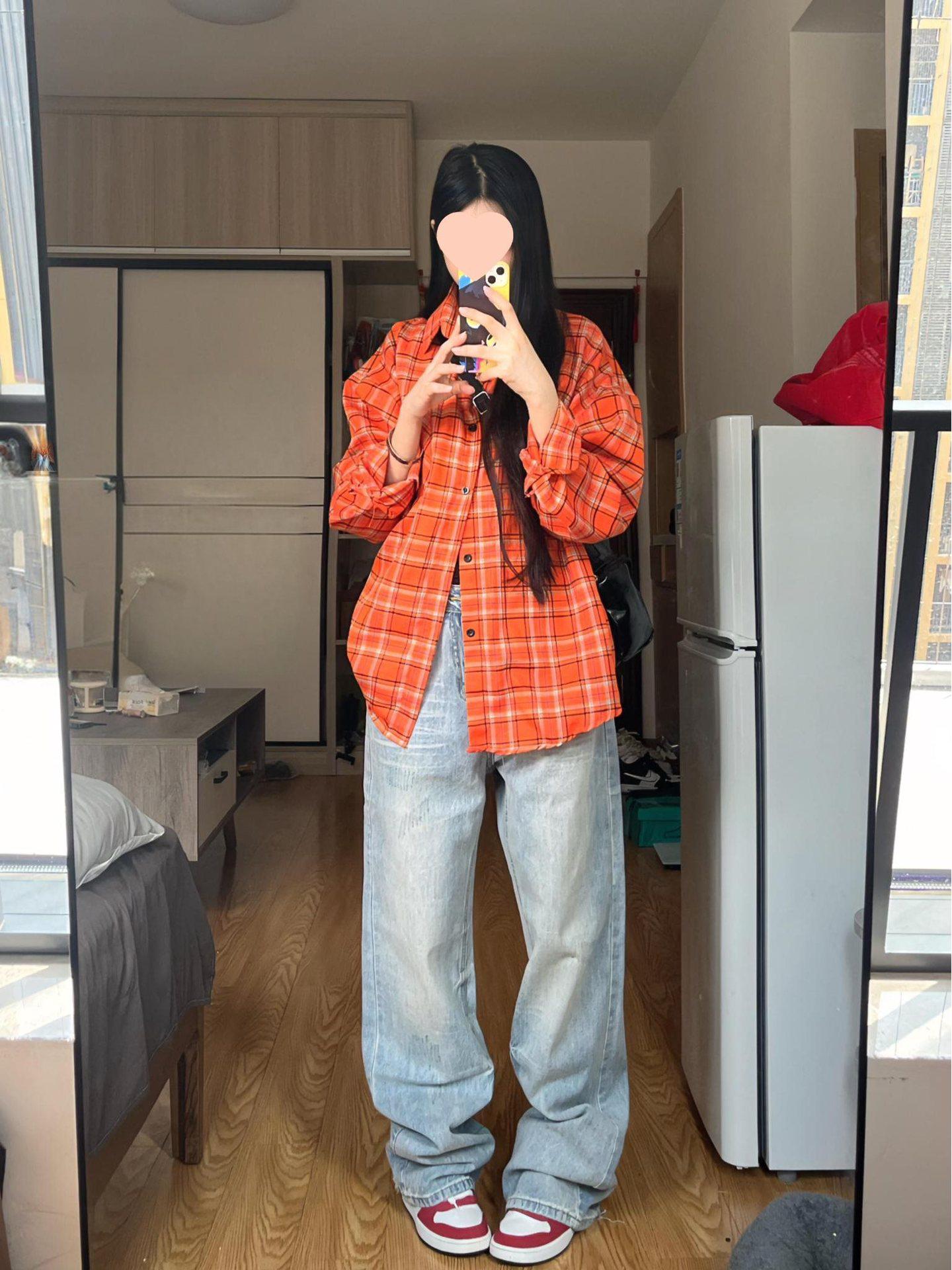 

Женская рубашка с длинным рукавом в клетку ретро-оранжевого цвета - Повседневная, универсальная куртка в стиле хай-стрит XXL (Recommended 130-150 jin)