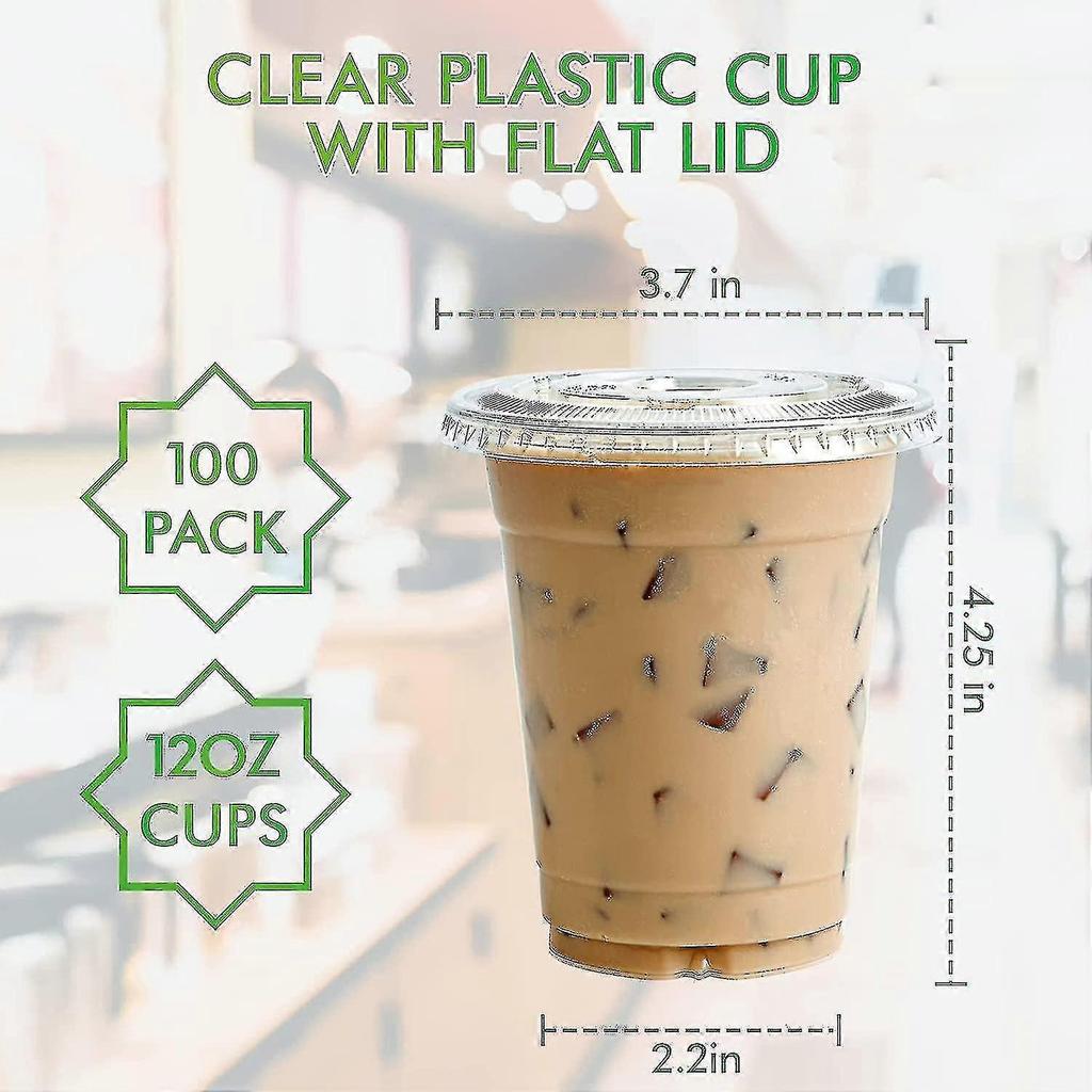 [100 Sets] 12oz Clear Plastic Cups With Flat Lids, Disposable Drinking Cups, 12 Oz Plastic Cups For Ice Coffee, Smoothie, Slurpee, Or Any Cold Drinks