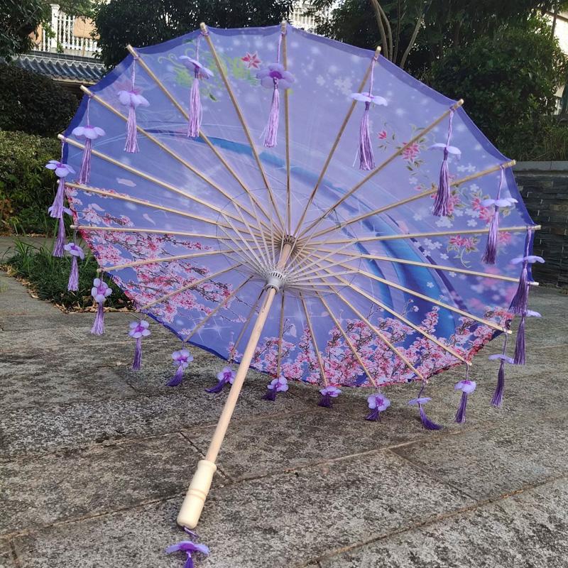 1PC Umbrella 70/82CM Oil Paper for Women Girl Performance Photo Props Antique Umbrella Parasol Satin Cloth Tassel