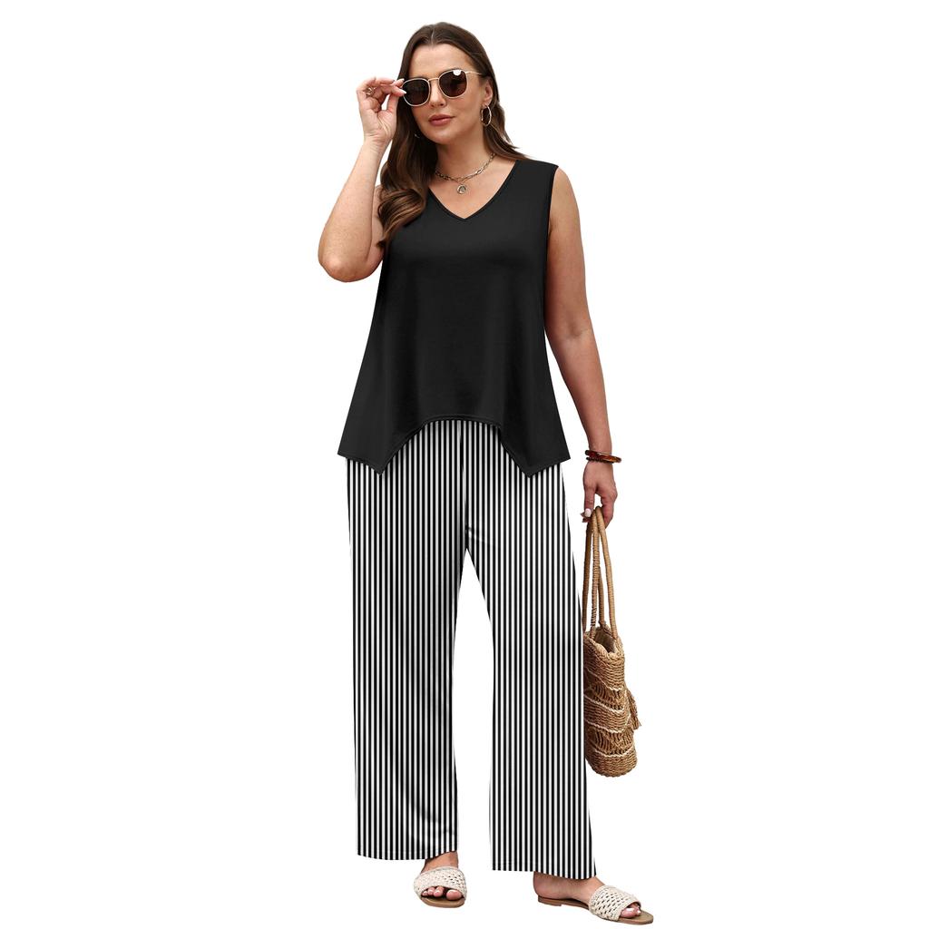 Sleeveless V Neck Tank Top and Striped Wide Leg Pants Two Piece Set for Women Casual Travel Vacation Home Wear