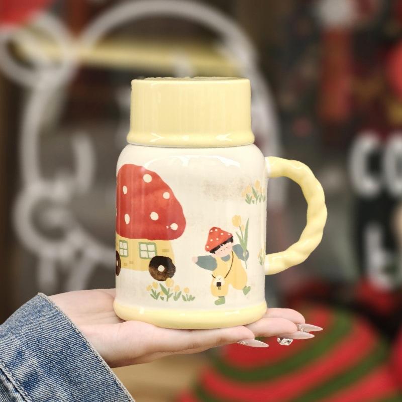 Cute high-value milk fufu kettle girls large-capacity ceramic mug with lid spoon birthday gift souvenir