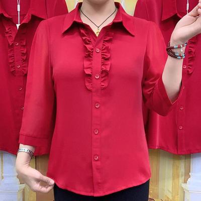Women's Clothing Middle-aged Elderly Mother's Blouse Spring Autumn Loose Ruffles Three Quarter Sleeve Shirt Women Top
