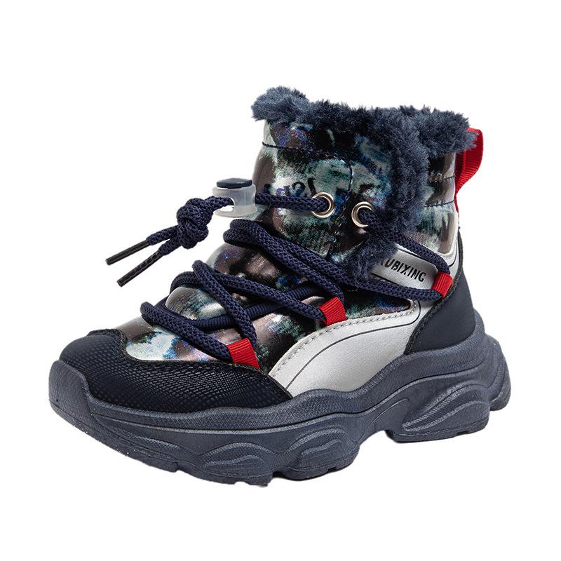 Boys' winter new fashion children's short boots fleece thickened elastic band large cotton boots girls medium and older children's snow boots