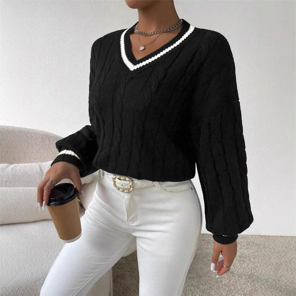 Damen Gestreifter Besatz Gedrehte Blume Gestrickter Schulterpullover