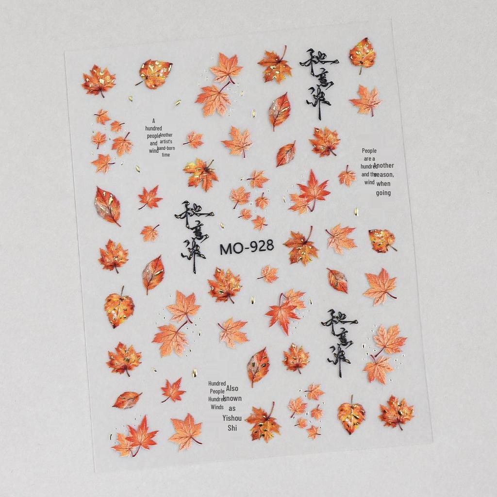Autumn Winter Fairy Tale Maple Leaf Gold Foil Nail Art Stickers - Chinese Style Embossed Self-Adhesive Decor