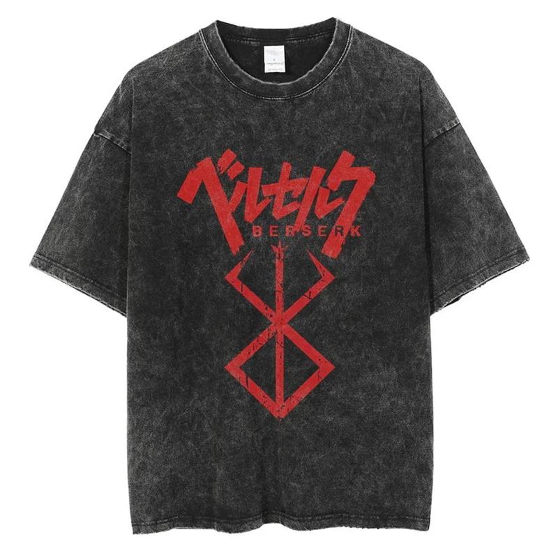 Camiseta Lavada Estampada de Anime Berserk Guts para Hombre Algodón de Alta Calidad Camisetas Vintage Oversize Street Tee Harajuku Camiseta Masculina