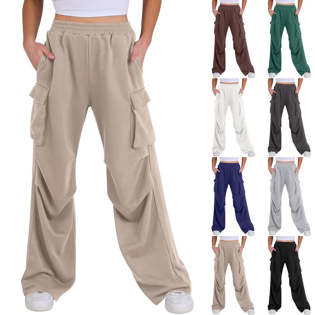 Women’s Wide Leg Cargo Pants Loose Fit High Waist Elastic Waistband Casual Trousers with Multiple Pockets for Daily Wear