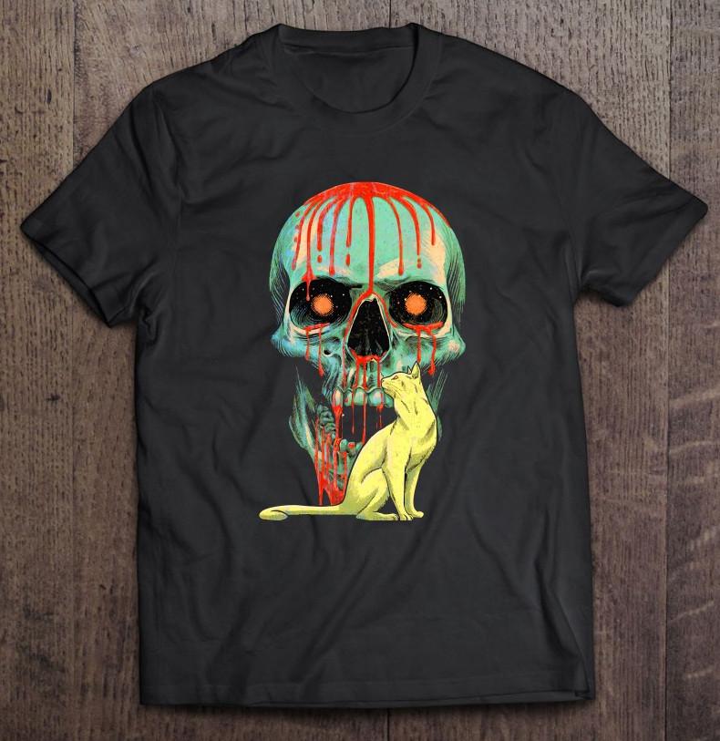 Bloody Skull With A Cat Art T-Shirt Size S-5XL S
